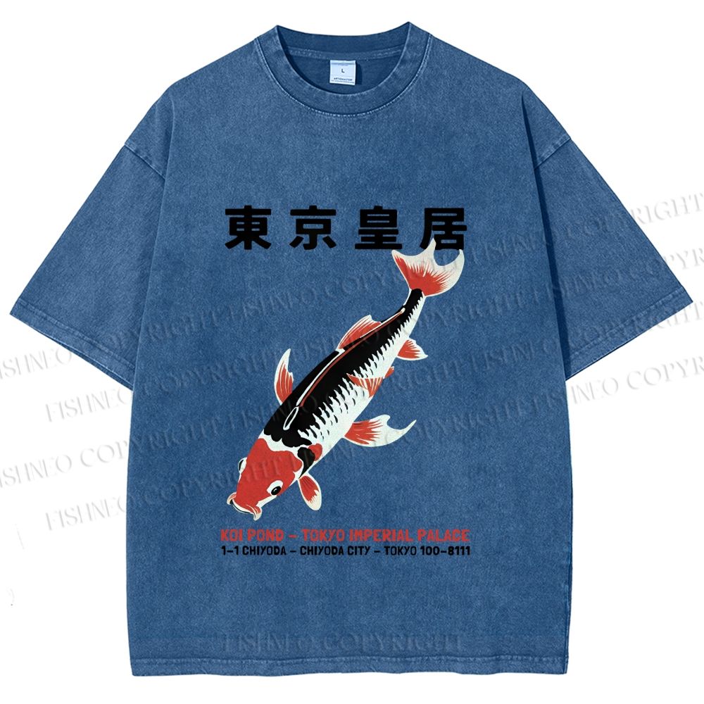 Unisex Vintage Koi Fish Printed Washed Tee