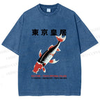 Unisex Vintage Koi Fish Printed Washed Tee