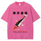 Unisex Vintage Koi Fish Printed Washed Tee