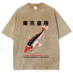 Unisex Vintage Koi Fish Printed Washed Tee
