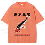 Unisex Vintage Koi Fish Printed Washed Tee