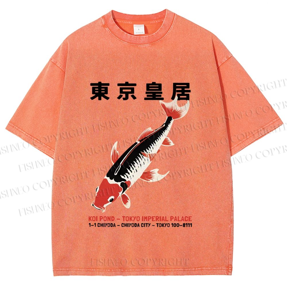 Unisex Vintage Koi Fish Printed Washed Tee