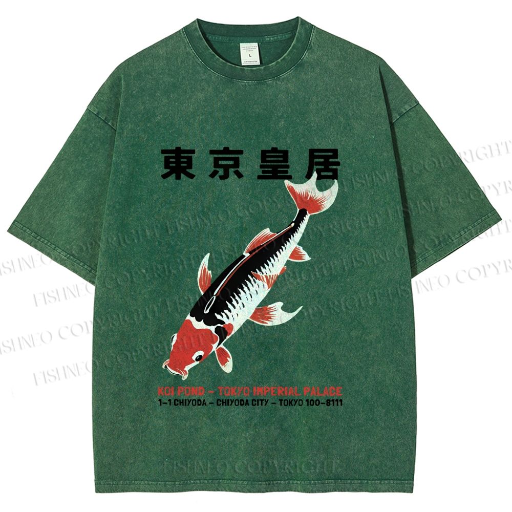 Unisex Vintage Koi Fish Printed Washed Tee