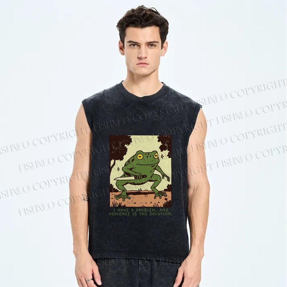 Unisex Vintage Frog Printed Washed Tank Top
