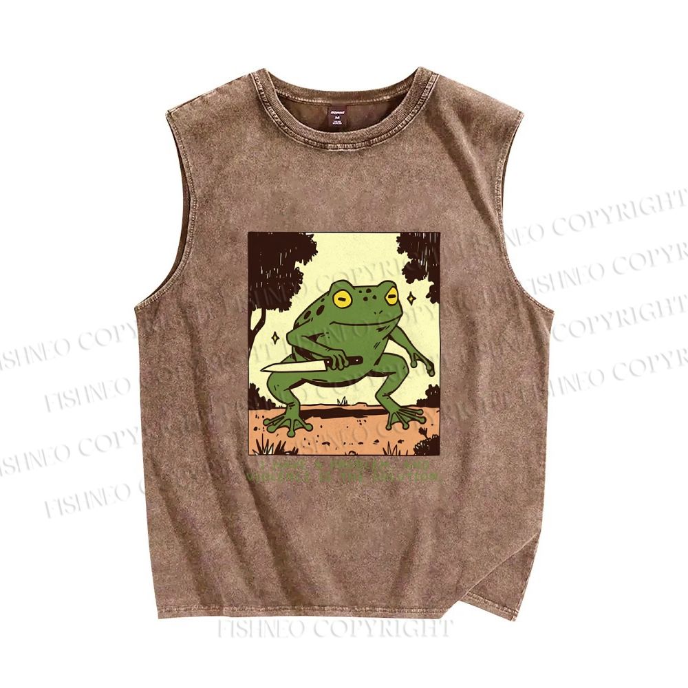 Unisex Vintage Frog Printed Washed Tank Top