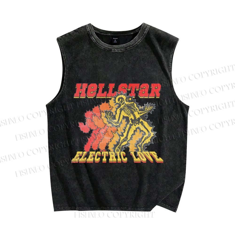 Unisex Vintage Skull Hell Star Printed Washed Tank Top
