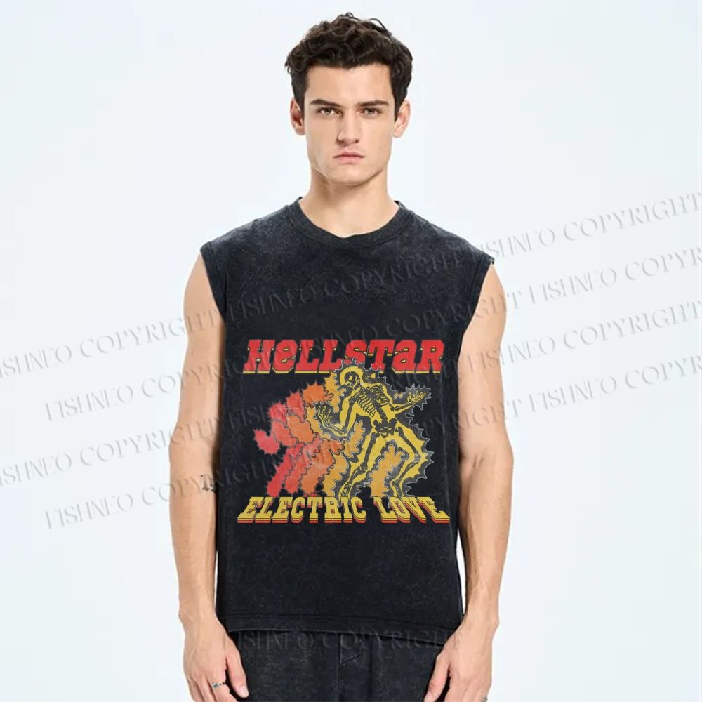Unisex Vintage Skull Hell Star Printed Washed Tank Top