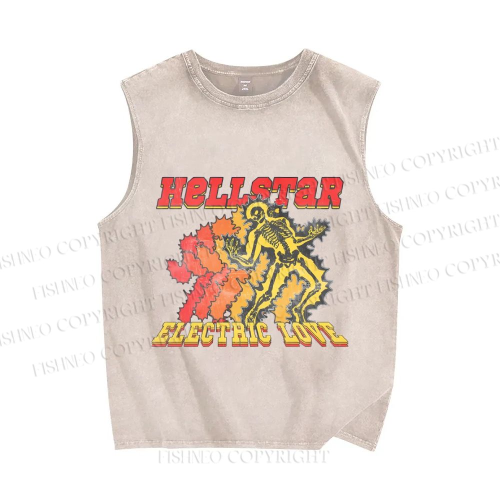 Unisex Vintage Skull Hell Star Printed Washed Tank Top