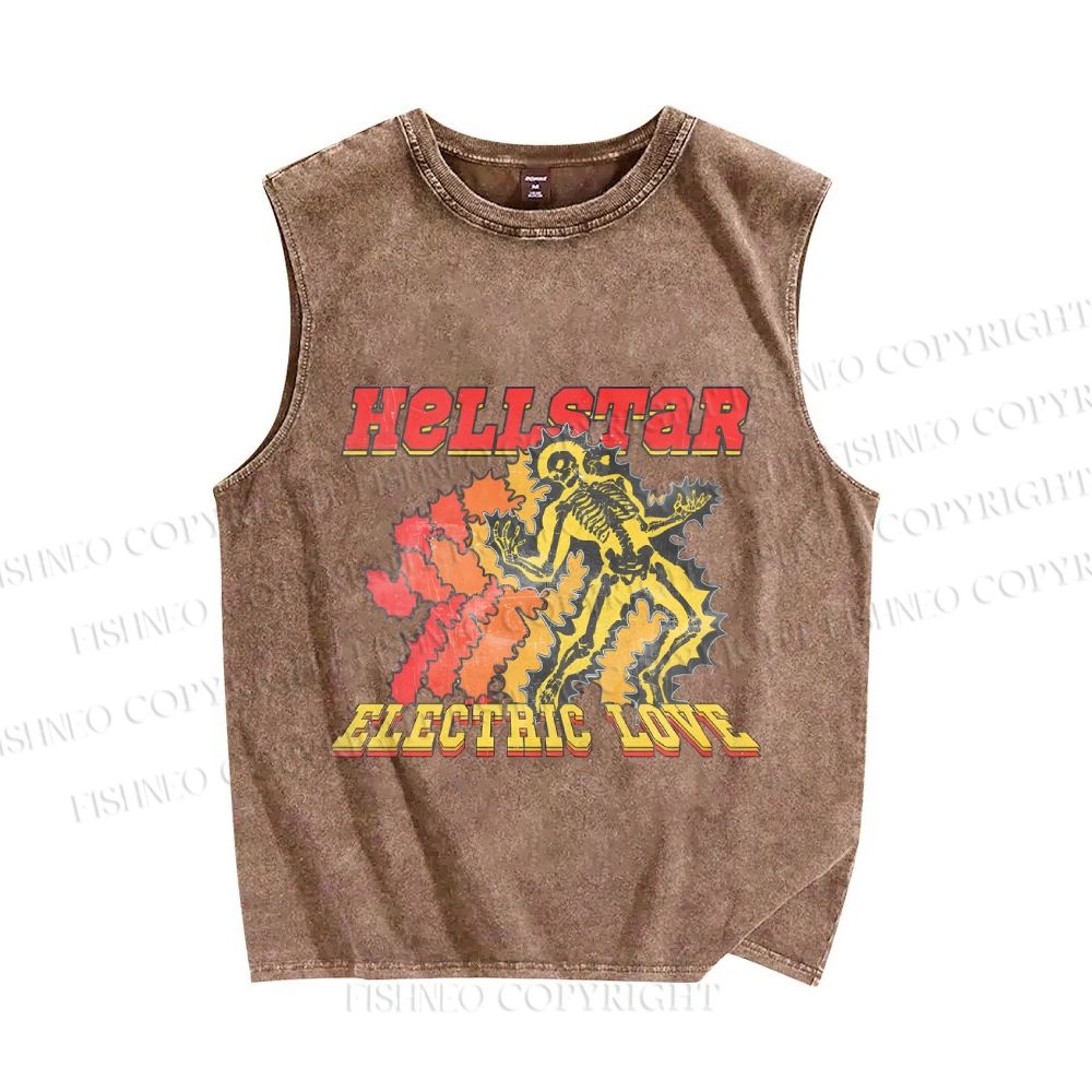 Unisex Vintage Skull Hell Star Printed Washed Tank Top