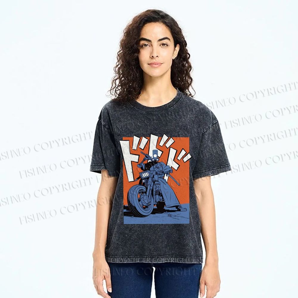 Unisex Vintage Motorcycle Graffiti Printed Washed Tee