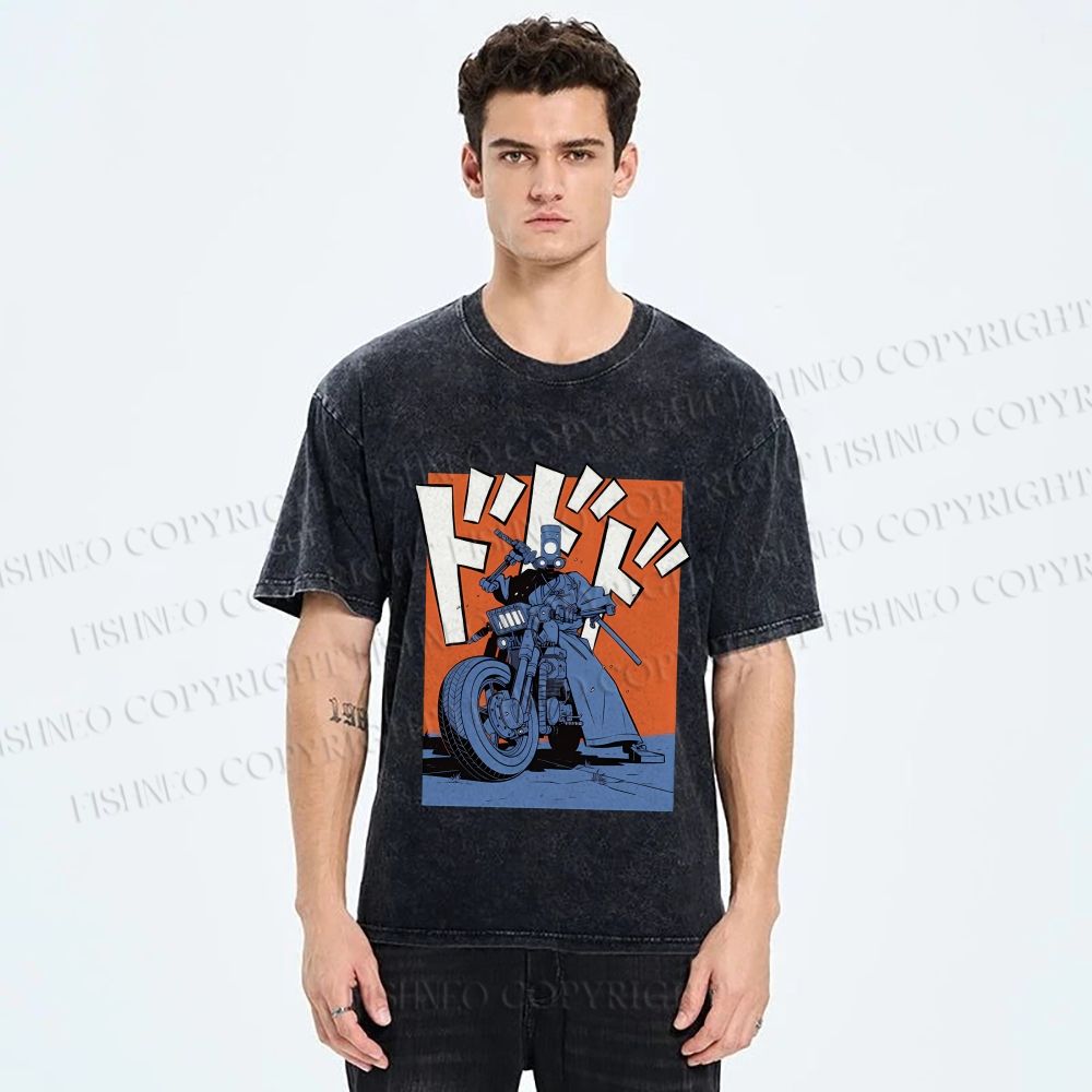 Unisex Vintage Motorcycle Graffiti Printed Washed Tee