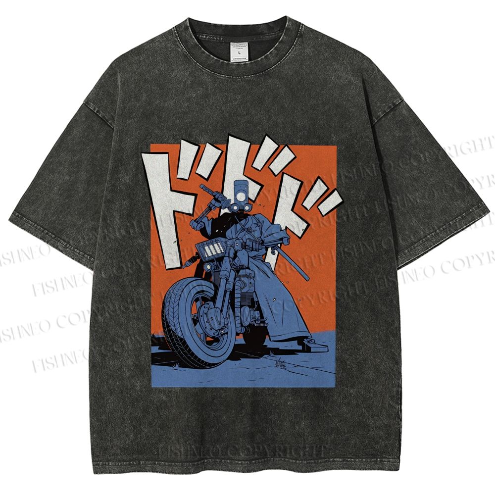 Unisex Vintage Motorcycle Graffiti Printed Washed Tee