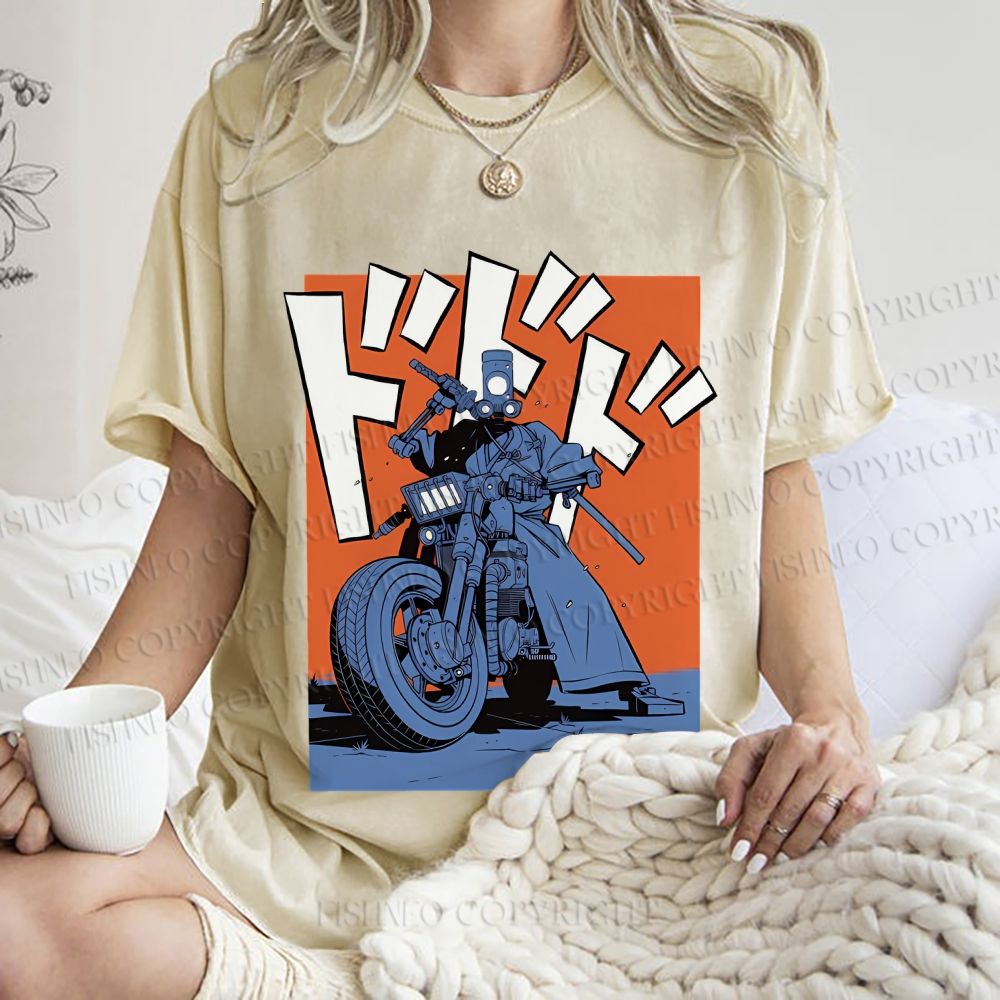 Unisex Vintage Motorcycle Graffiti Printed Washed Tee