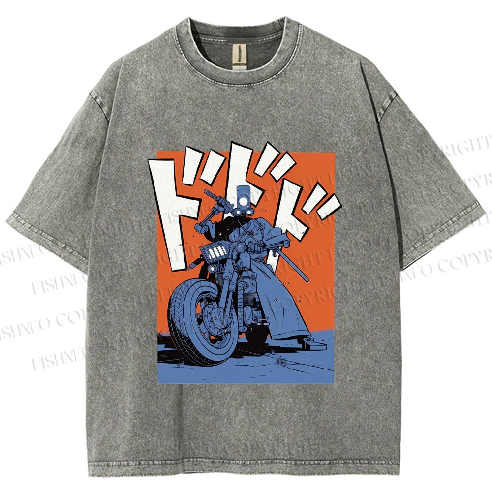 Unisex Vintage Motorcycle Graffiti Printed Washed Tee