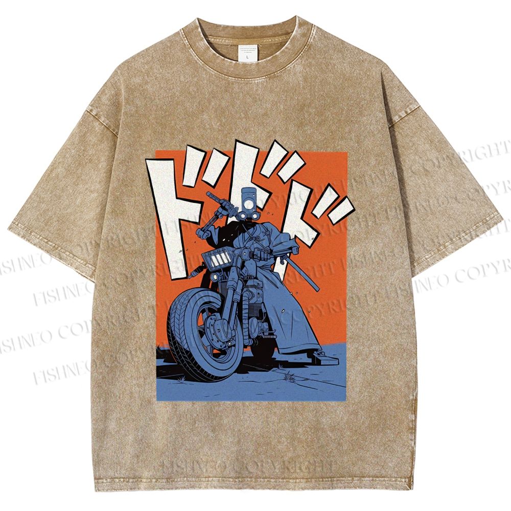 Unisex Vintage Motorcycle Graffiti Printed Washed Tee