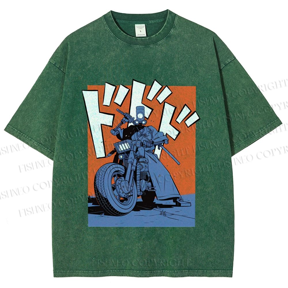 Unisex Vintage Motorcycle Graffiti Printed Washed Tee