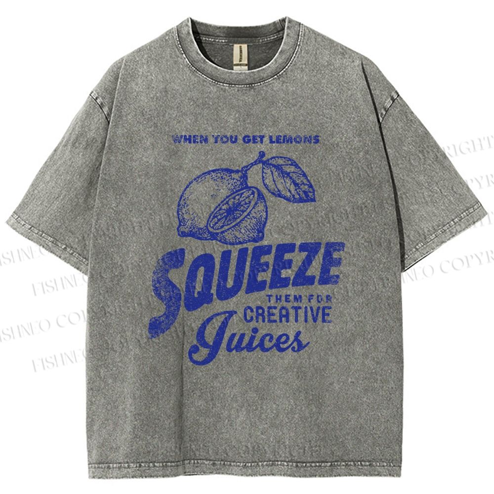 Unisex Vintage Lemon Graffiti Printed Washed Tee