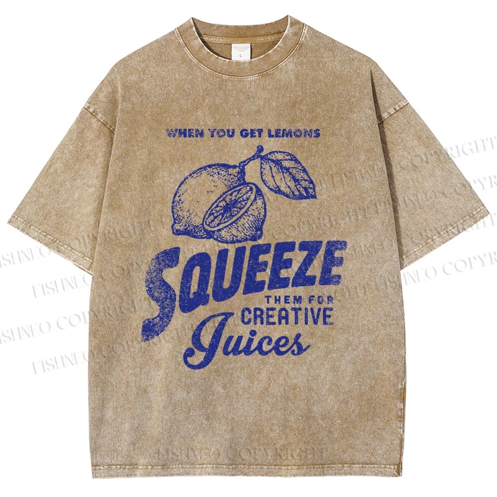 Unisex Vintage Lemon Graffiti Printed Washed Tee