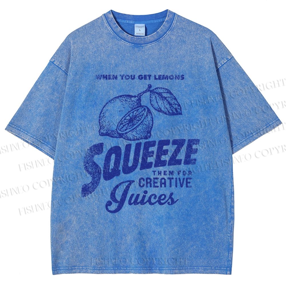 Unisex Vintage Lemon Graffiti Printed Washed Tee