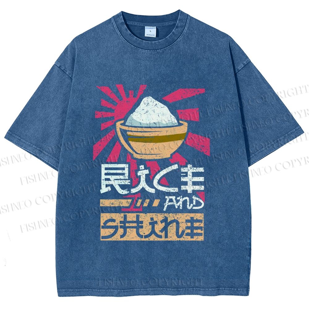 Unisex Vintage Japanese Rice Graffiti Printed Washed Tee