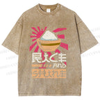 Unisex Vintage Japanese Rice Graffiti Printed Washed Tee