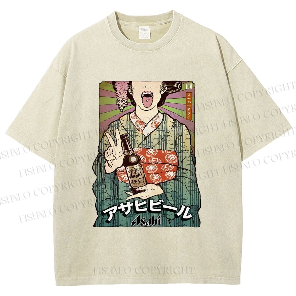 Unisex Vintage Japanese Kimono Woman Printed Washed Tee