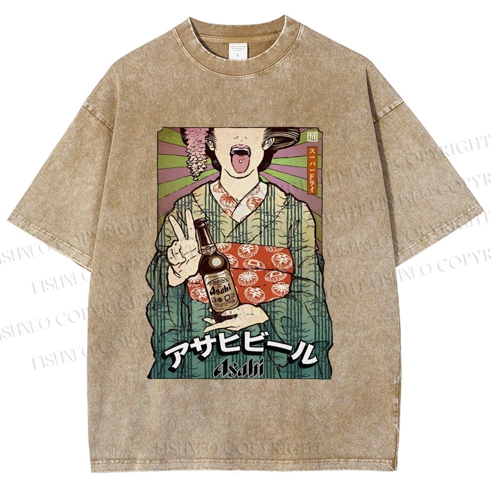 Unisex Vintage Japanese Kimono Woman Printed Washed Tee