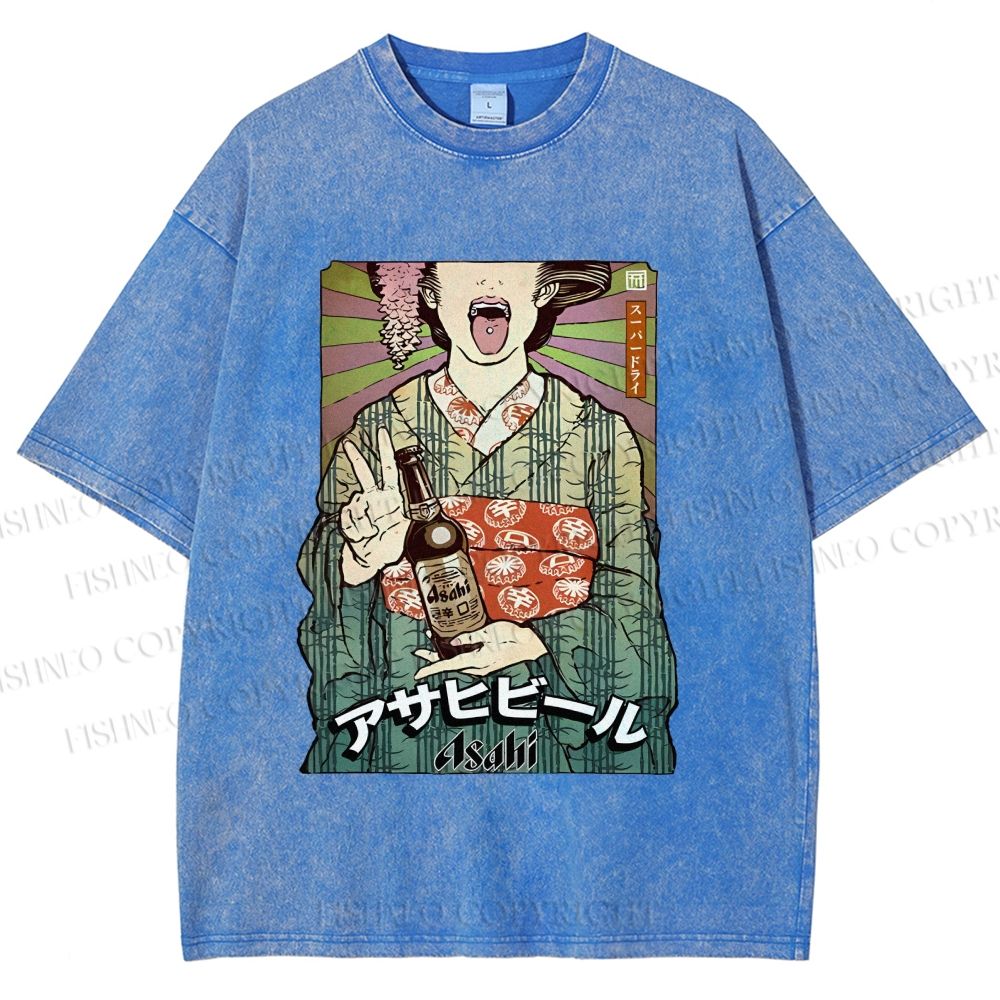 Unisex Vintage Japanese Kimono Woman Printed Washed Tee