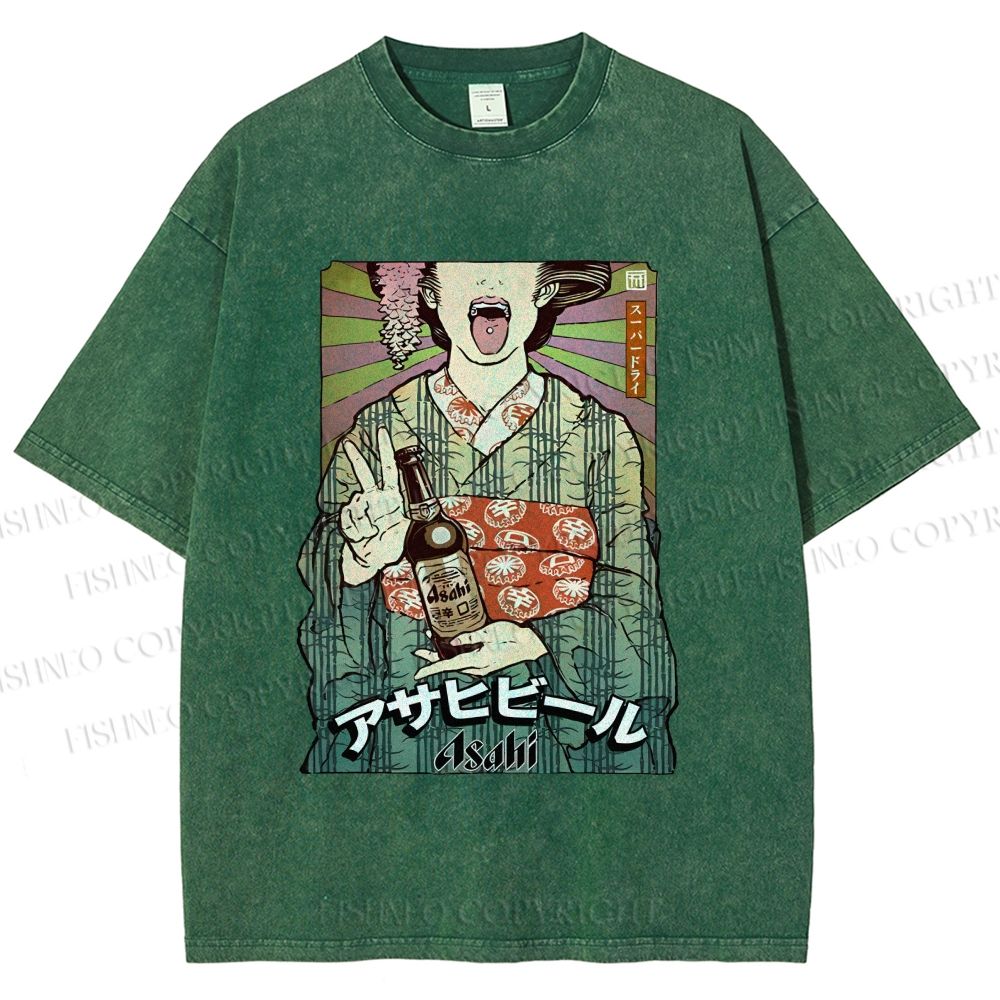 Unisex Vintage Japanese Kimono Woman Printed Washed Tee