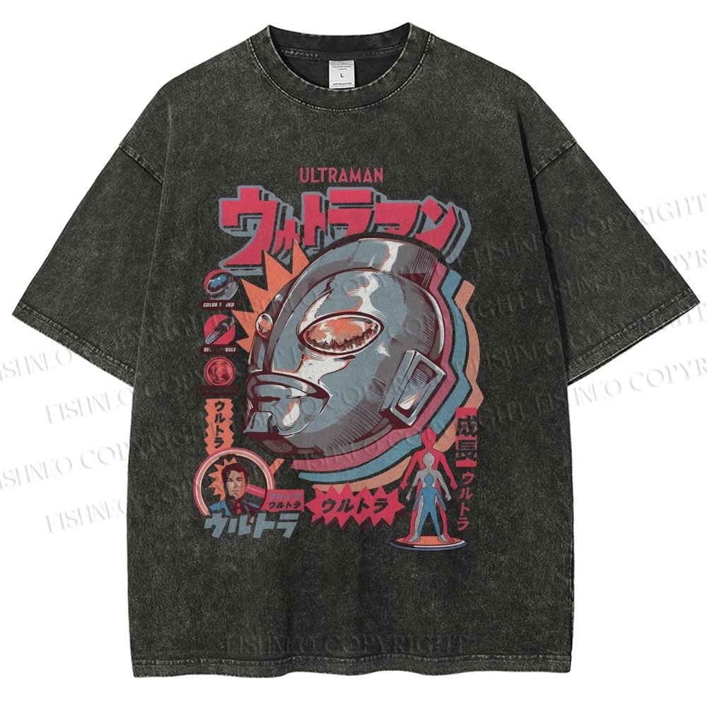 Unisex Japanese Ultraman Graffiti Printed Washed Tee