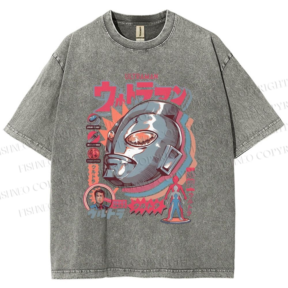 Unisex Japanese Ultraman Graffiti Printed Washed Tee