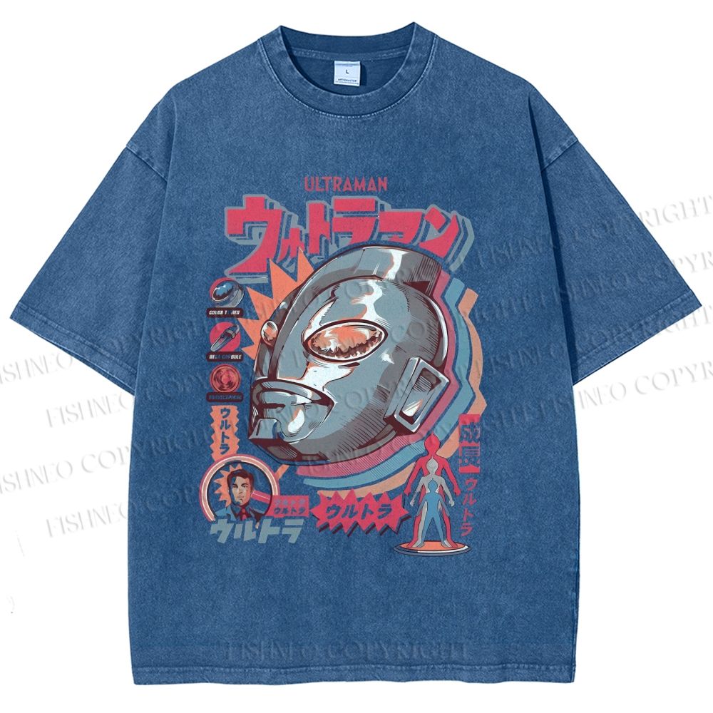 Unisex Japanese Ultraman Graffiti Printed Washed Tee
