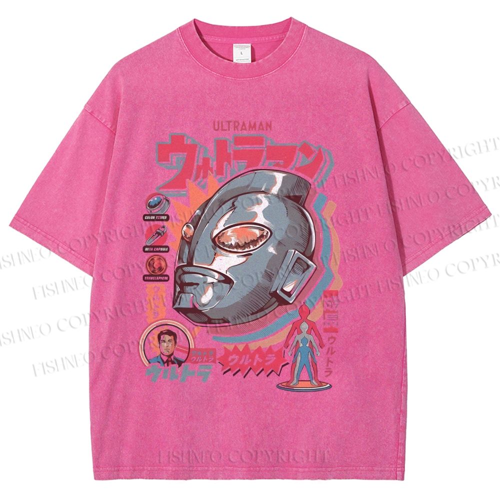 Unisex Japanese Ultraman Graffiti Printed Washed Tee