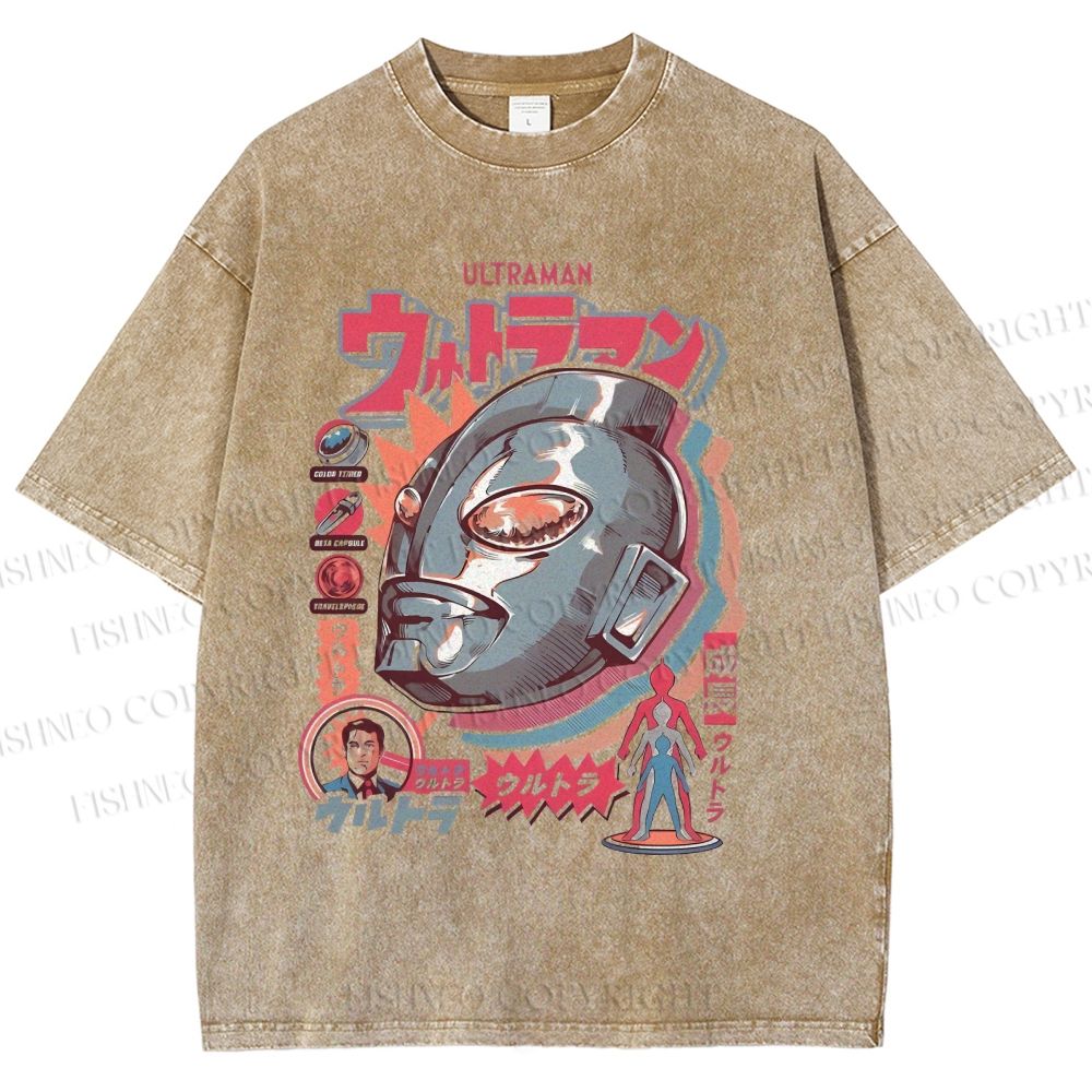 Unisex Japanese Ultraman Graffiti Printed Washed Tee