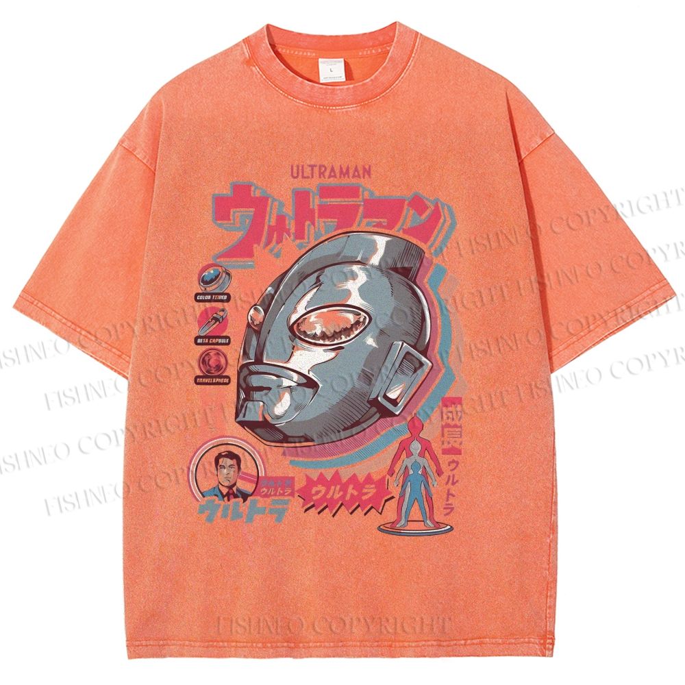 Unisex Japanese Ultraman Graffiti Printed Washed Tee