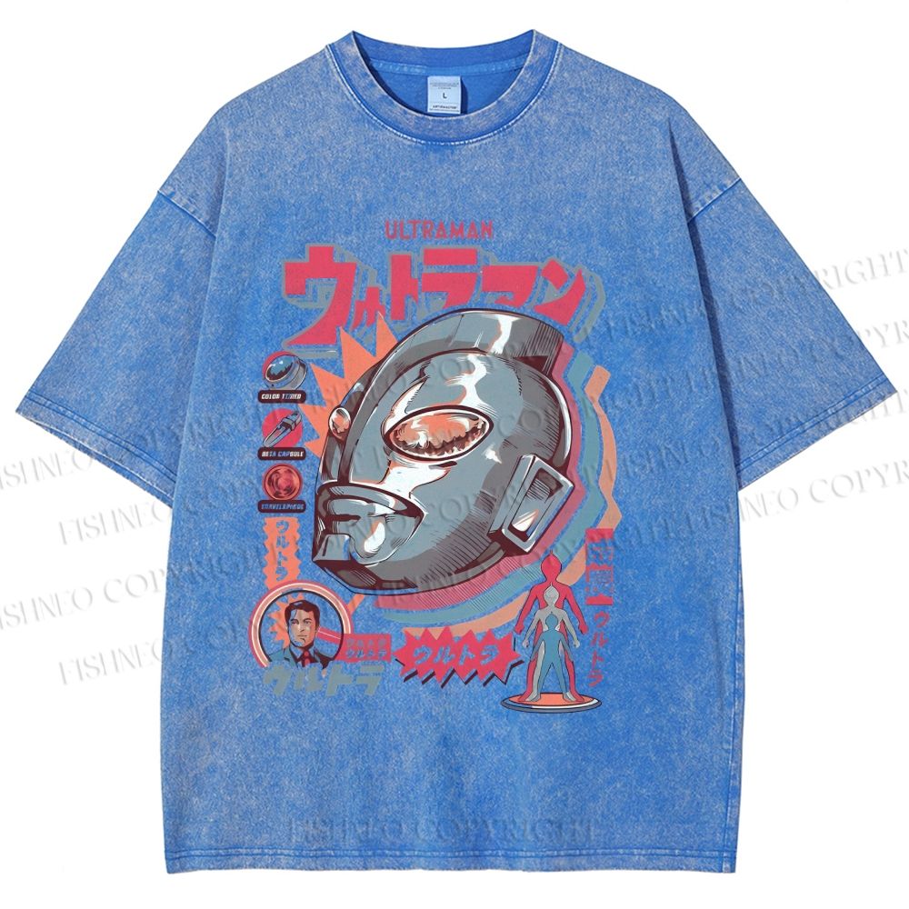 Unisex Japanese Ultraman Graffiti Printed Washed Tee