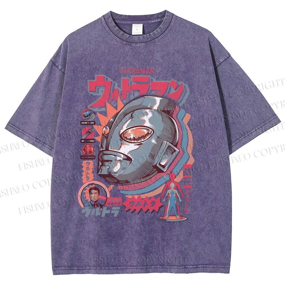 Unisex Japanese Ultraman Graffiti Printed Washed Tee