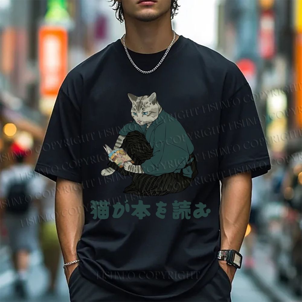 Unisex Japanese Clever Cat Is Reading Book Classic Cotton T-shirt