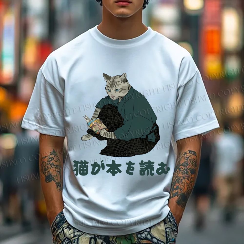 Unisex Japanese Clever Cat Is Reading Book Classic Cotton T-shirt