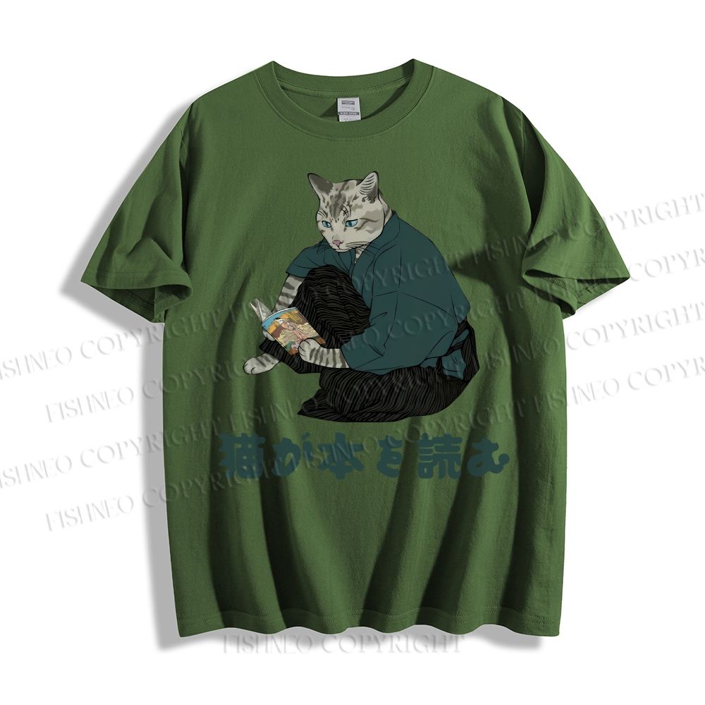 Unisex Japanese Clever Cat Is Reading Book Classic Cotton T-shirt