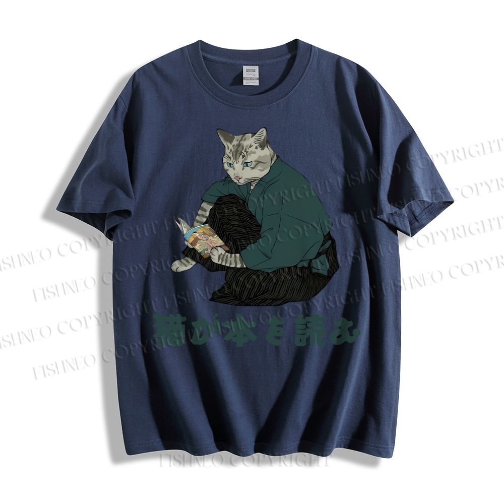 Unisex Japanese Clever Cat Is Reading Book Classic Cotton T-shirt