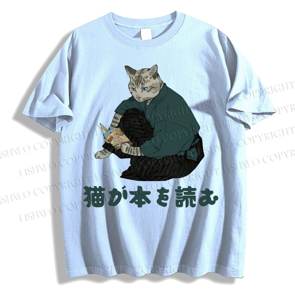 Unisex Japanese Clever Cat Is Reading Book Classic Cotton T-shirt