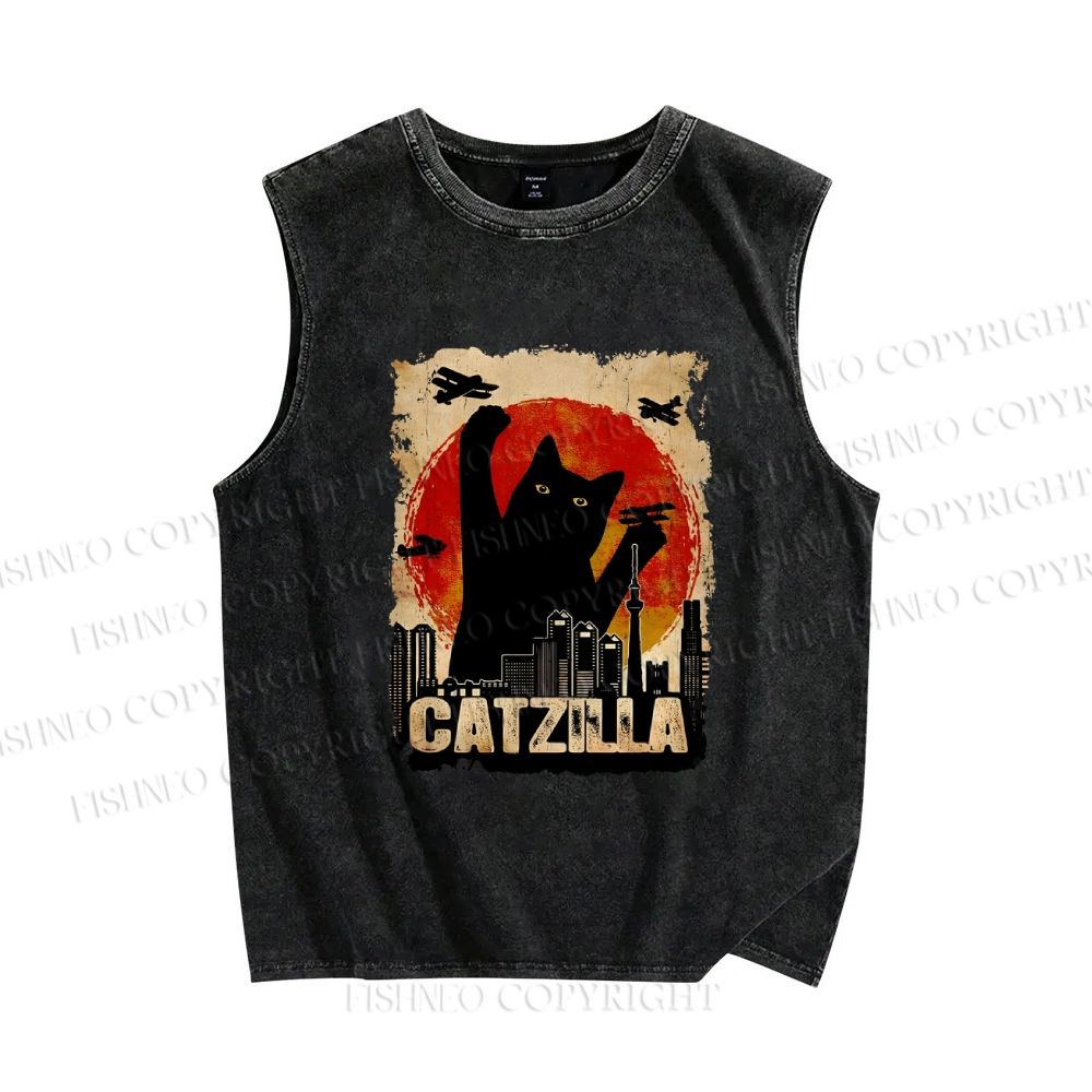 Unisex Catzilla Printed Washed Tank Top