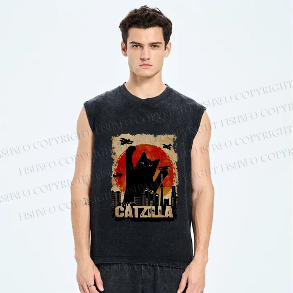 Unisex Catzilla Printed Washed Tank Top