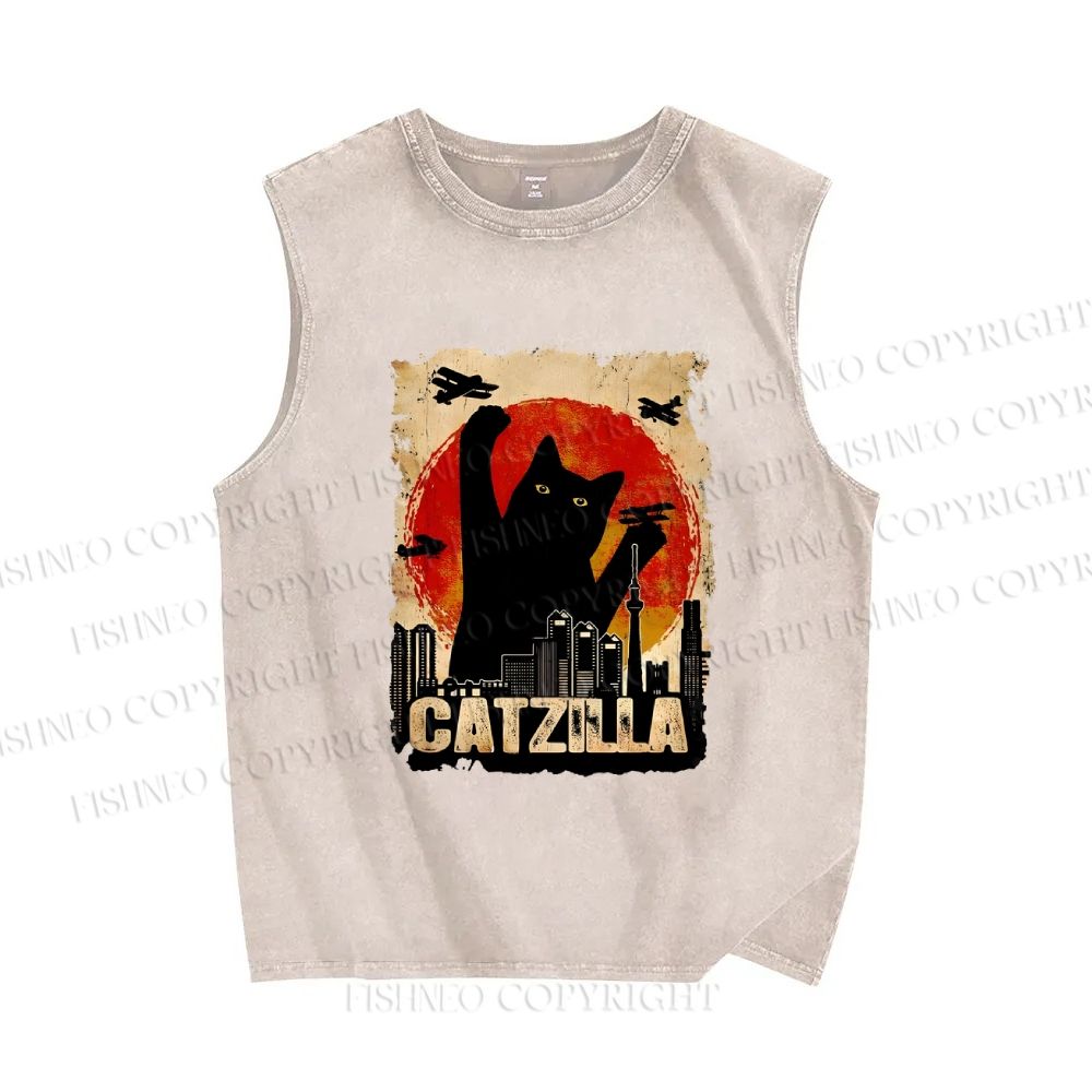 Unisex Catzilla Printed Washed Tank Top