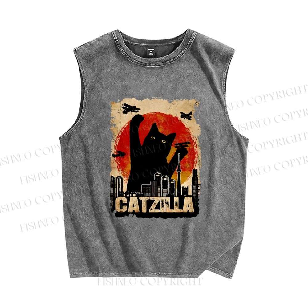 Unisex Catzilla Printed Washed Tank Top