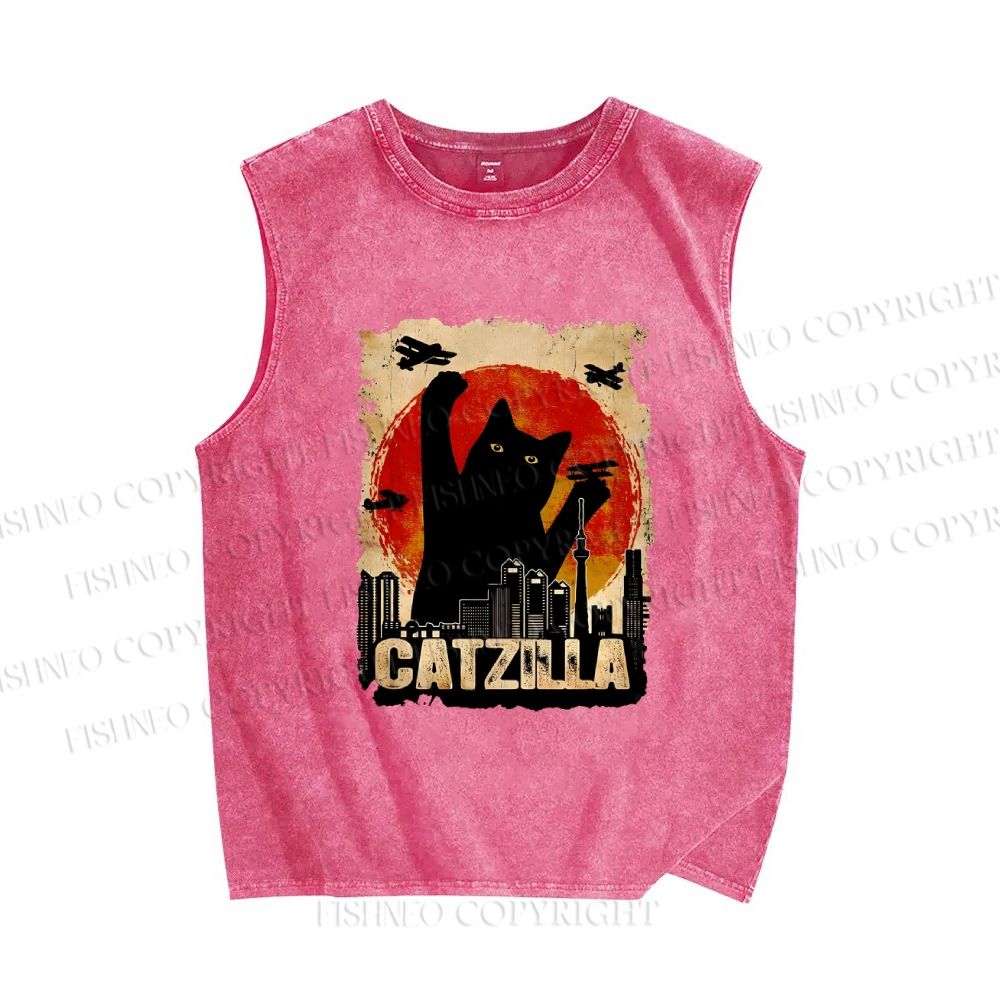 Unisex Catzilla Printed Washed Tank Top