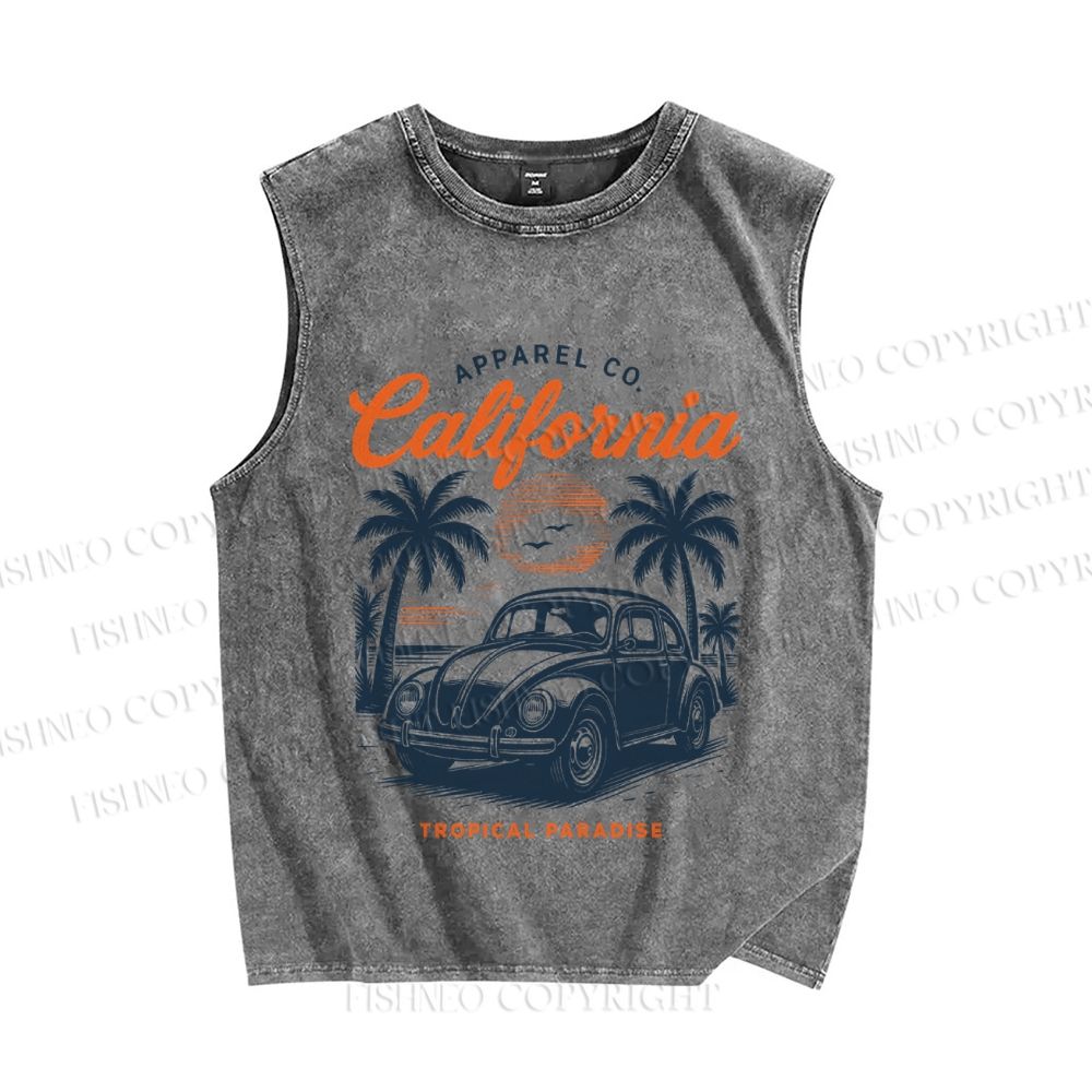 Unisex Vintage Beach Sunset Graffiti Printed Washed Tank Top