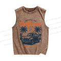 Unisex Vintage Beach Sunset Graffiti Printed Washed Tank Top