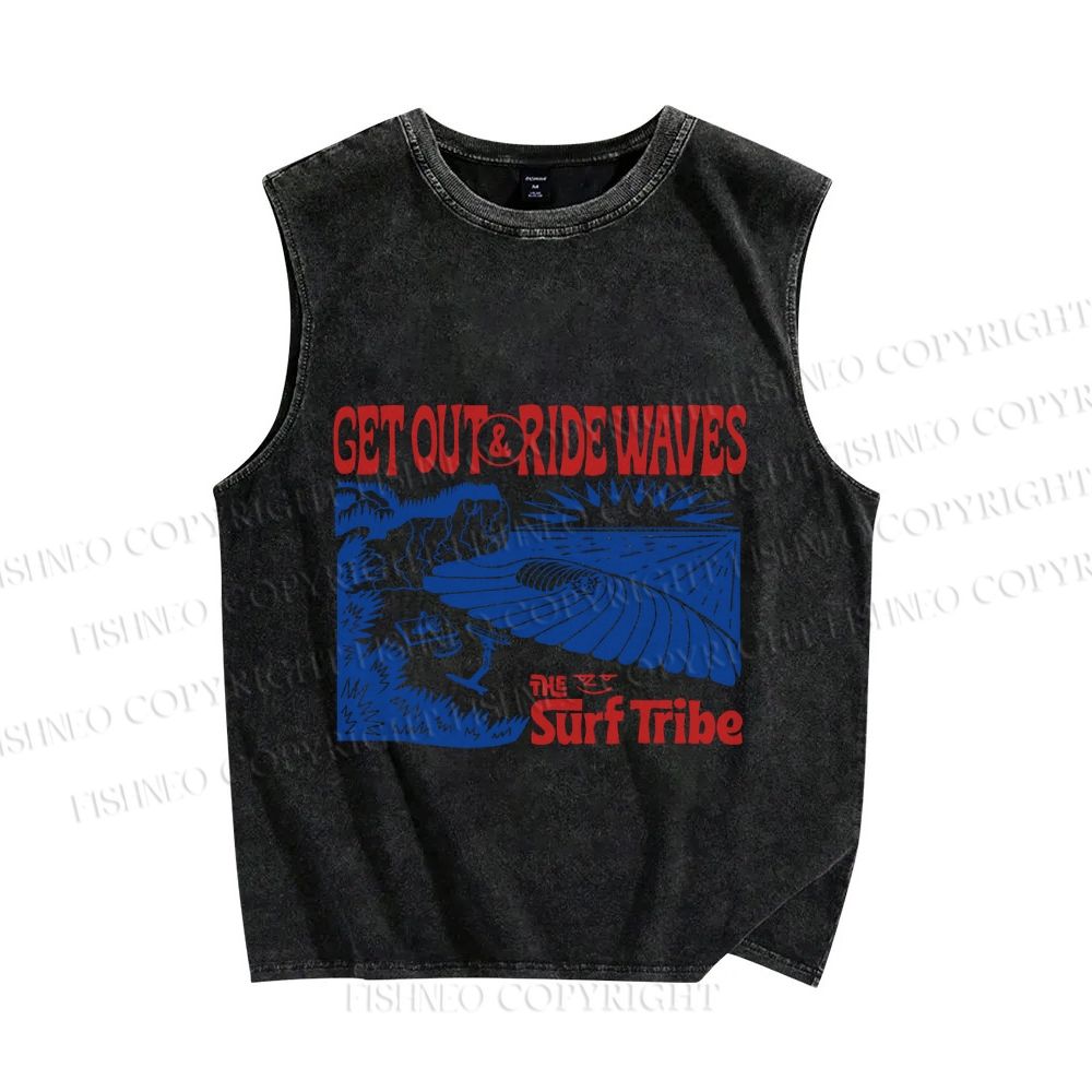 Unisex Vintage Beach Sea Wave Printed Washed Tank Top
